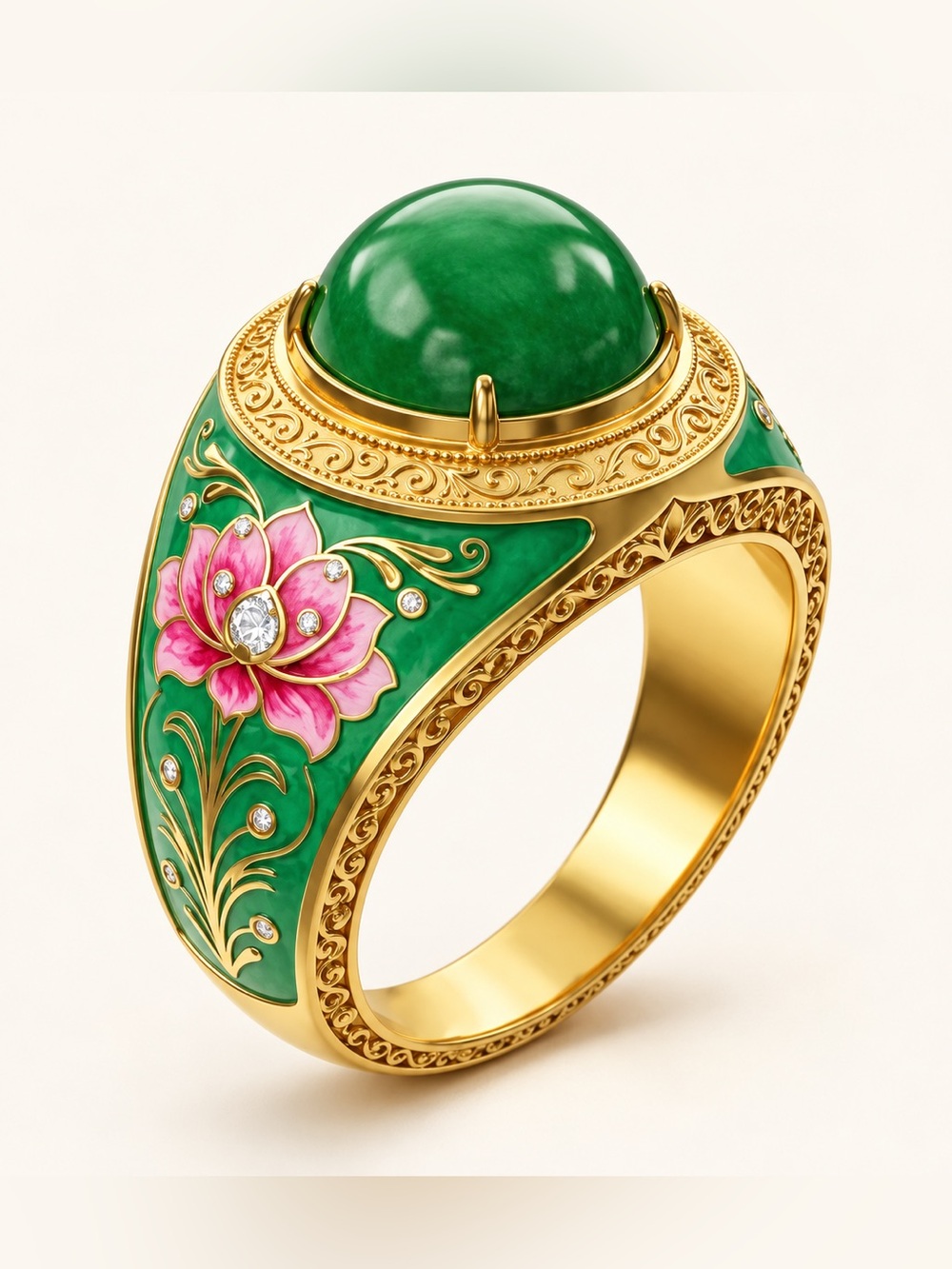 Vintage Green Jade Dome Lotus Gold Ring